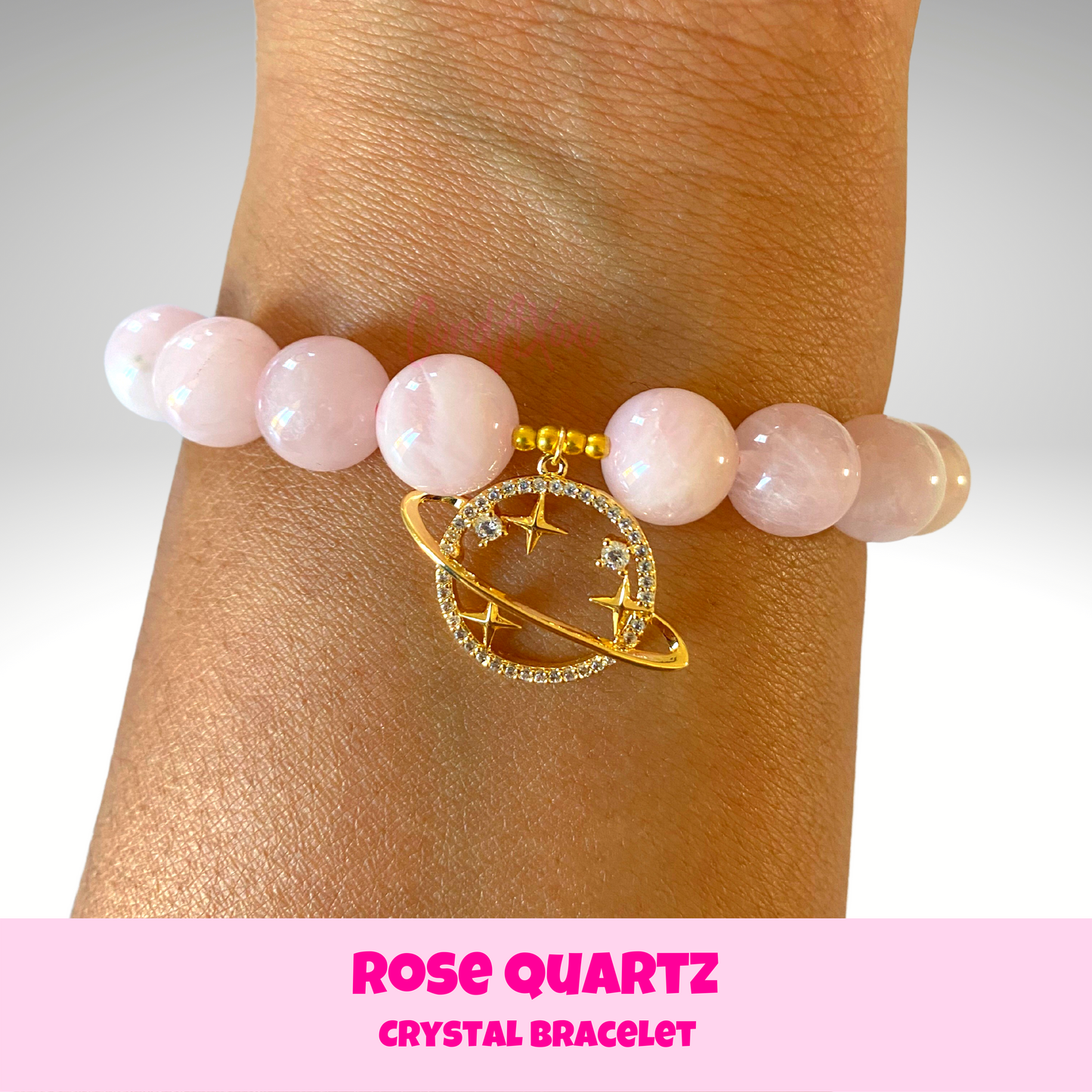 Gold Saturn Rose Quartz Crystal Charm Bracelet