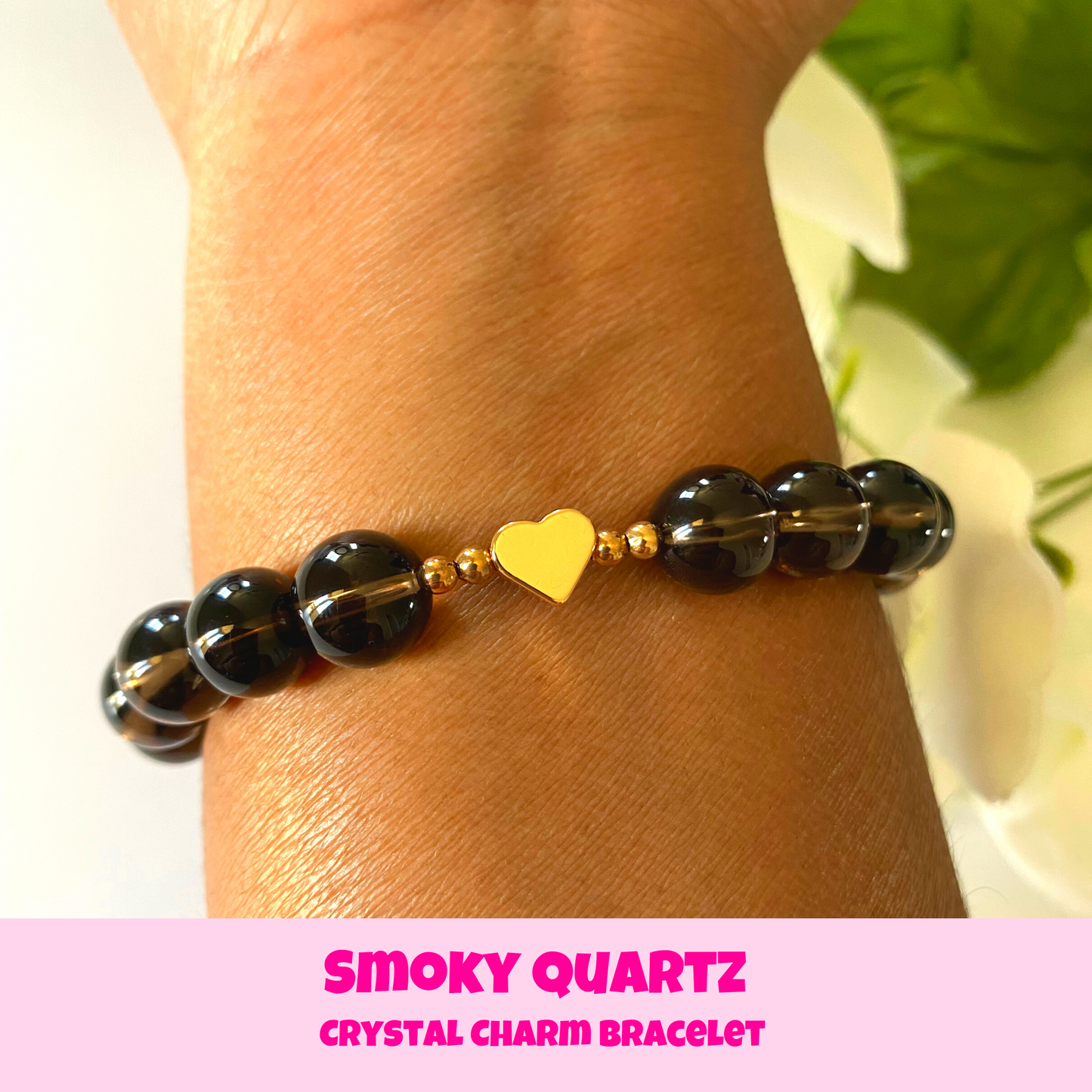 Gold Heart Smoky Quartz Crystal Charm Bracelet