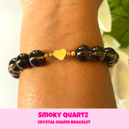 Gold Heart Smoky Quartz Crystal Charm Bracelet