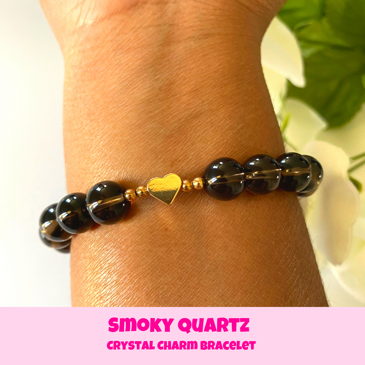 Gold Heart Smoky Quartz Crystal Charm Bracelet