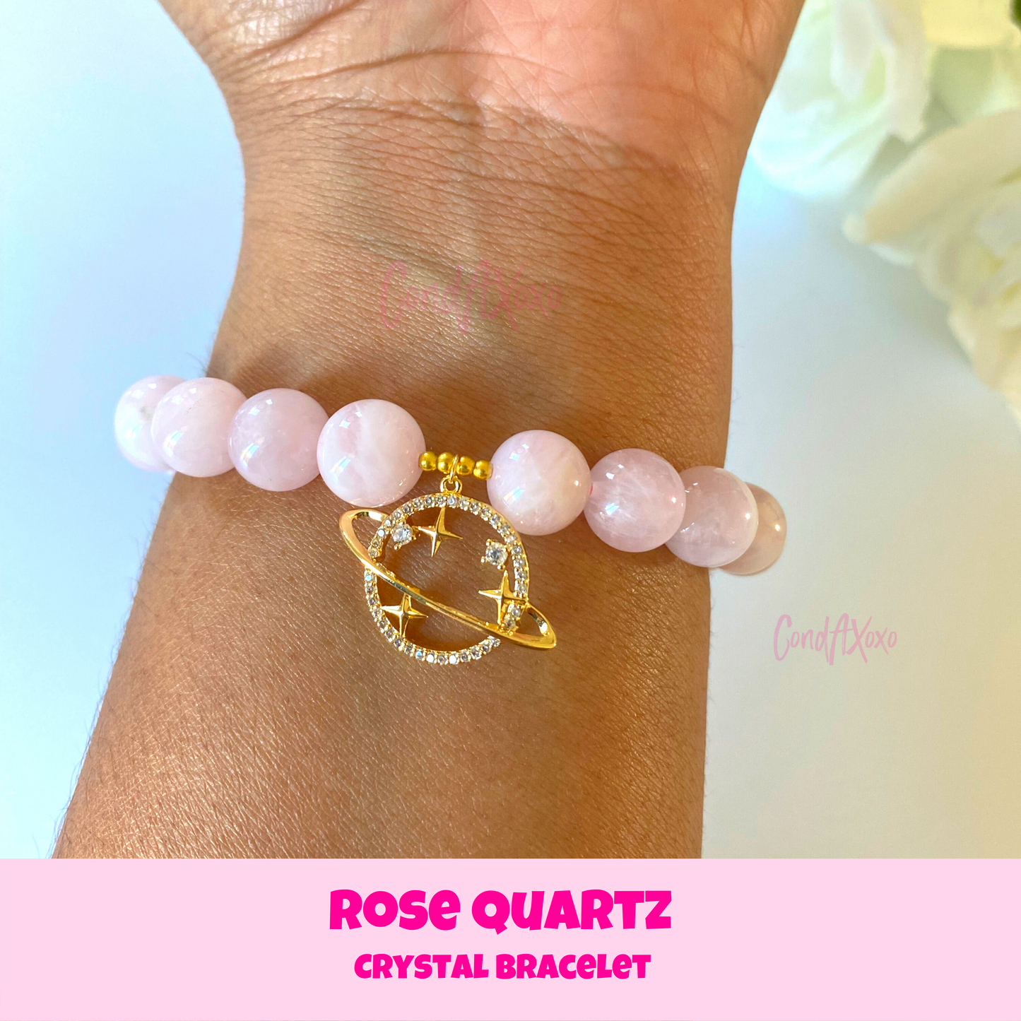 Gold Saturn Rose Quartz Crystal Charm Bracelet