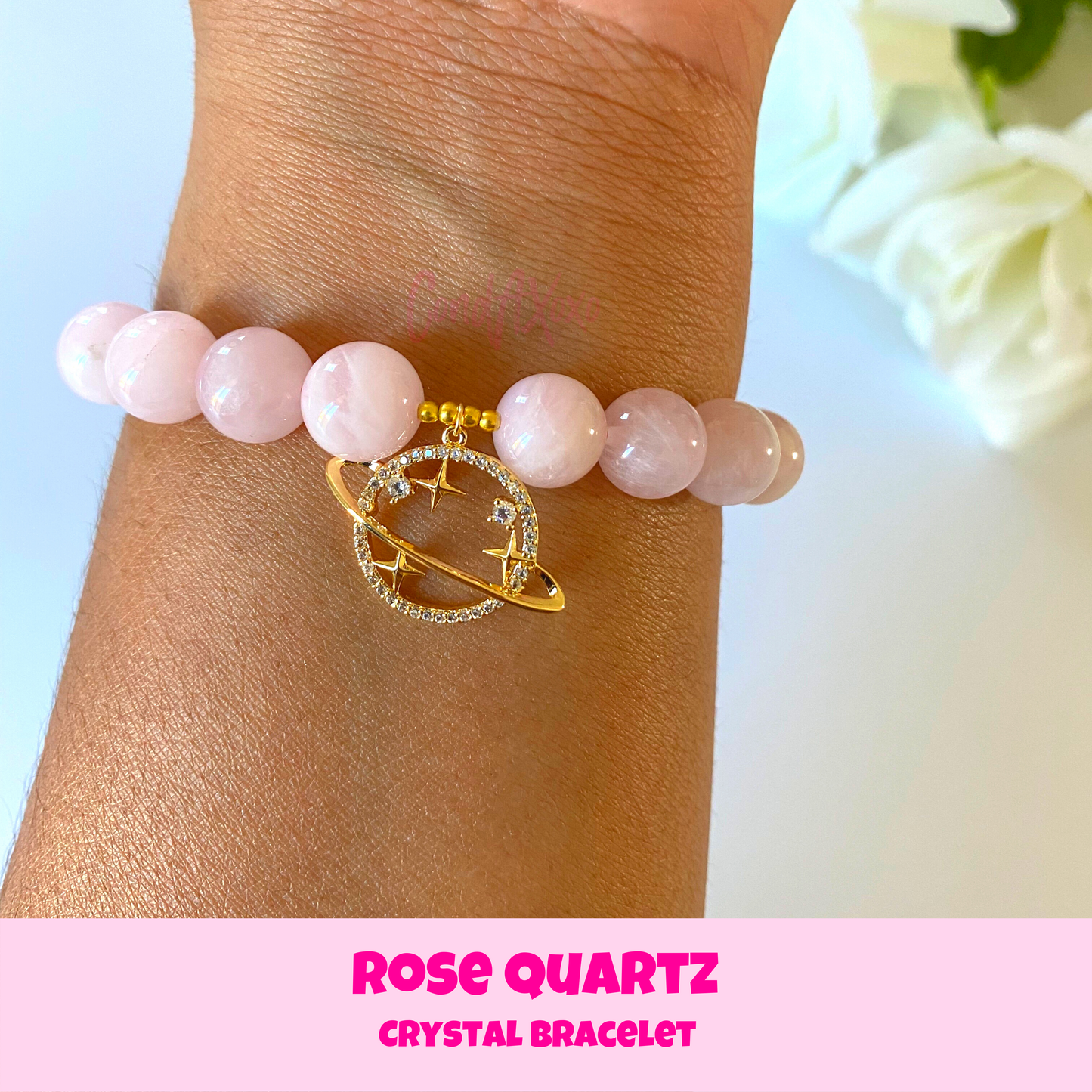 Gold Saturn Rose Quartz Crystal Charm Bracelet