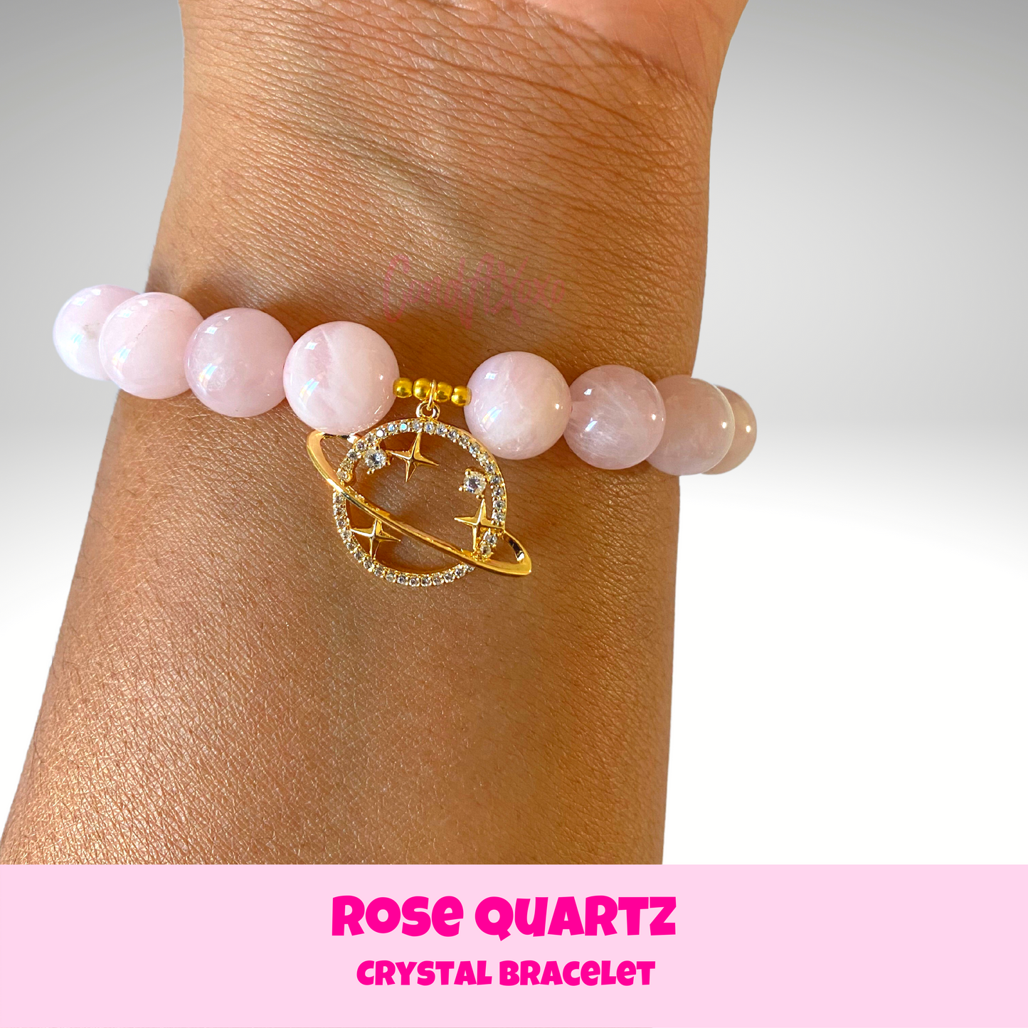 Gold Saturn Rose Quartz Crystal Charm Bracelet